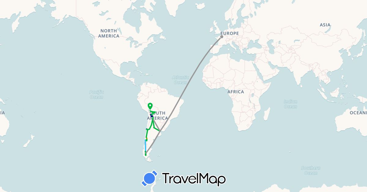 TravelMap itinerary: driving, bus, plane, boat, hitchhiking in Argentina, Bolivia, Chile, France (Europe, South America)